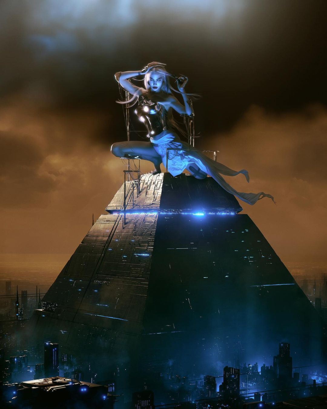 Digitally created image of a woman perched on top of a pyramid in a futuristic urban landscape, with dramatic lighting and visual effects.