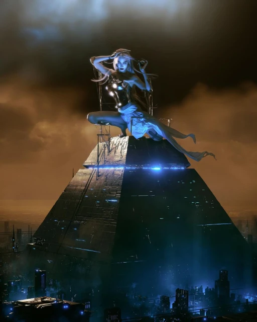 Digitally created image of a woman perched on top of a pyramid in a futuristic urban landscape, with dramatic lighting and visual effects.