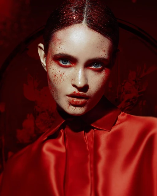 Close-up studio portrait of a woman with elaborate red makeup, wearing a red satin top against a dark, artistic background.