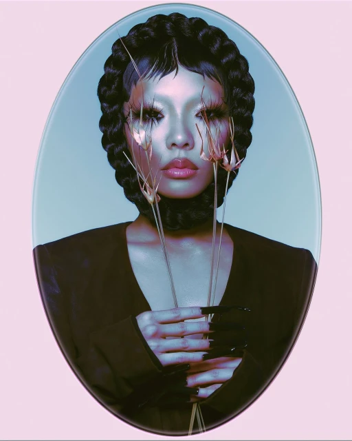 Striking beauty shot of a woman with dramatic makeup and black braided hair, holding dried floral elements against an oval backdrop.