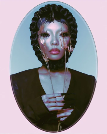 Striking beauty shot of a woman with dramatic makeup and black braided hair, holding dried floral elements against an oval backdrop.