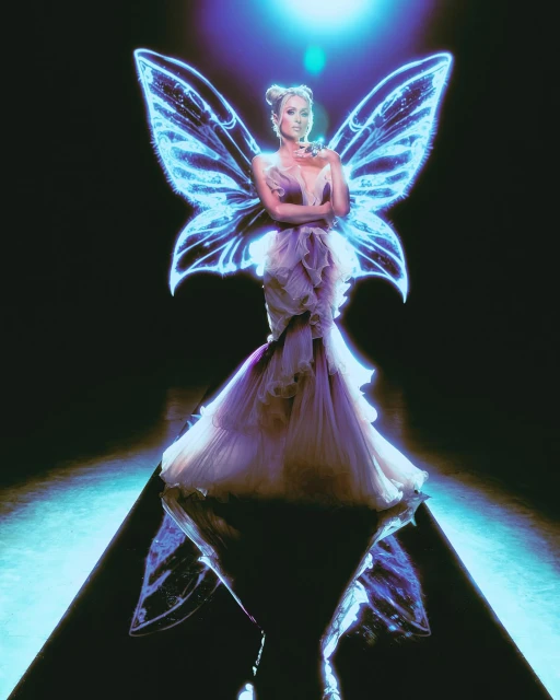 A woman with fairy wings stands in a light purple gown on a black floor with reflection, illuminated by a spotlight.