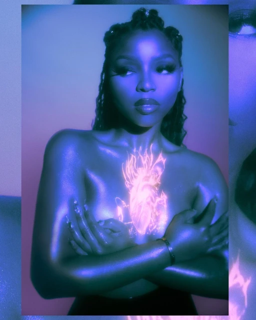 Striking portrait of a Black woman with styled braids, posing with hands crossed, chest-level, and wearing a bracelet. The background is softly lit.