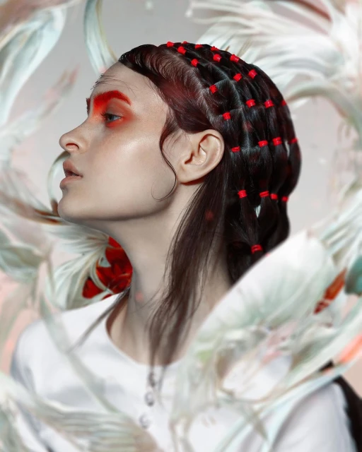 Profile portrait of a woman with decorated hair and red makeup looking off to the side, surrounded by feathered background elements.