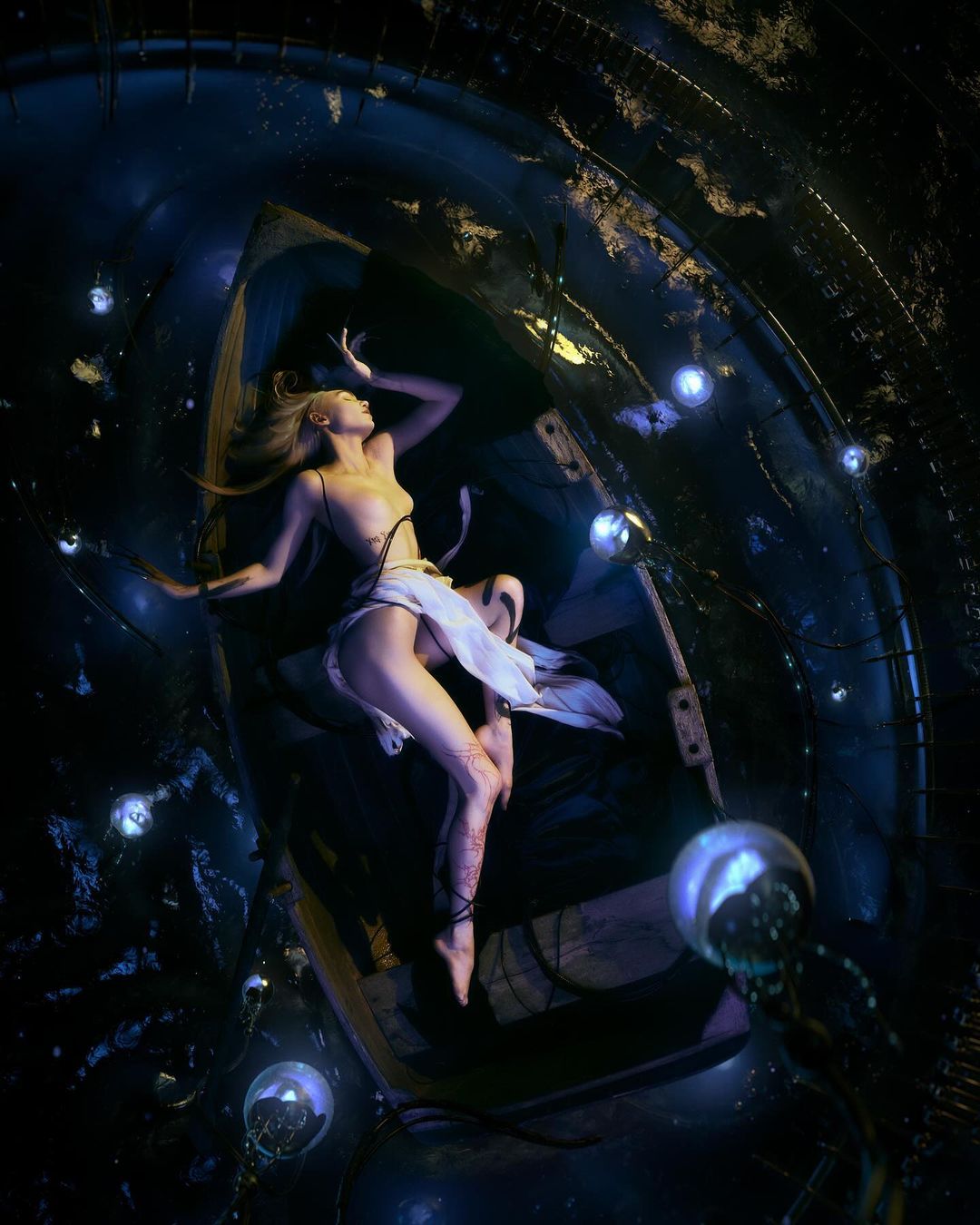 Blonde woman in repose, surreal art photograph. She is surrounded by floating bulbs in a dark, futuristic interior space.