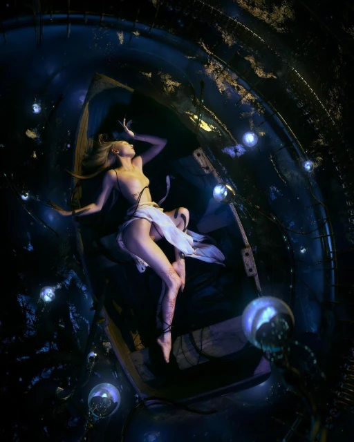Blonde woman in repose, surreal art photograph. She is surrounded by floating bulbs in a dark, futuristic interior space.
