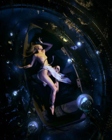 Blonde woman in repose, surreal art photograph. She is surrounded by floating bulbs in a dark, futuristic interior space.
