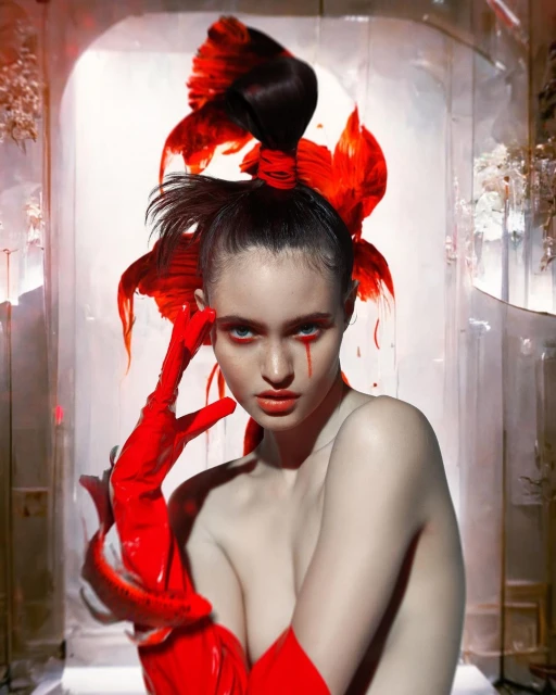Striking beauty portrait of a topless young woman with artistic red face and hair makeup, wearing shiny red gloves in a studio setting.