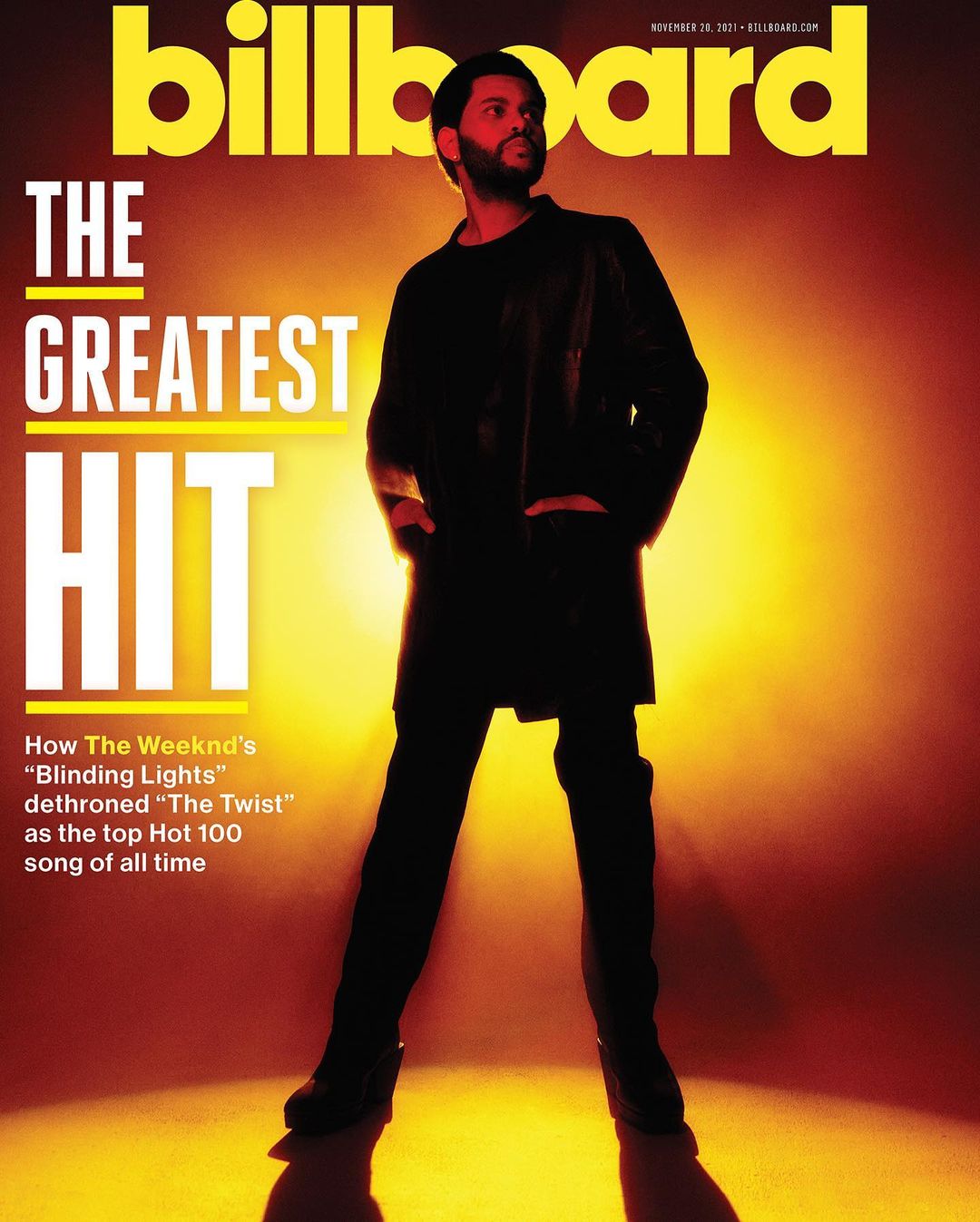 Billboard cover featuring The Weeknd, full figure shot, illuminated by a bright spotlight against a warm-toned gradient background.
