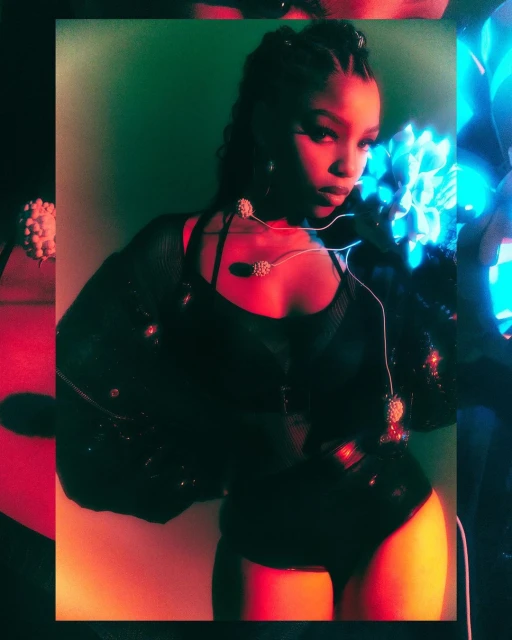Portrait of a woman in a black bodysuit and sparkling shrug with cornrow braids, posed against a two-toned green and orange background.