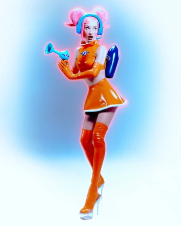 Young woman in an orange futuristic costume with a toy gun stands in a photo studio with a blue and white background glow.
