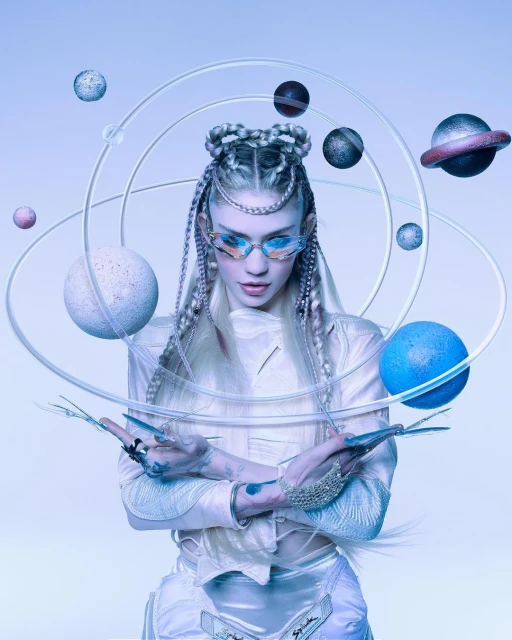 A person with unique hair and glasses poses with planets in an ethereal studio setting, creating a visually striking and artistic portrait.