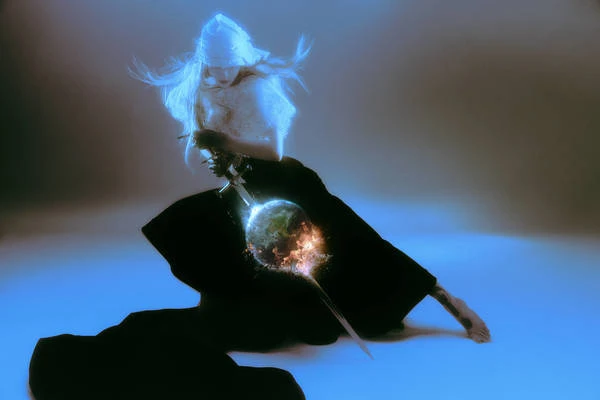 Female figure in a draped head covering and dark robe holds a sword pointed at a glowing, fiery globe in a mystical indoor setting.