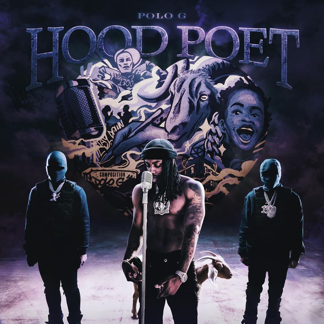 Album cover art for Polo G's "Hood Poet" featuring a man singing into a vintage microphone, backed by two masked figures and album art.