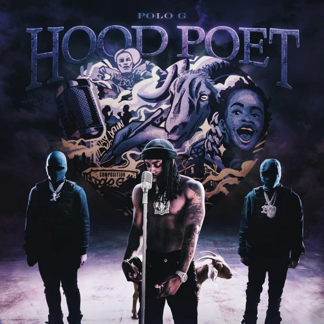 Album cover art for Polo G's "Hood Poet" featuring a man singing into a vintage microphone, backed by two masked figures and album art.