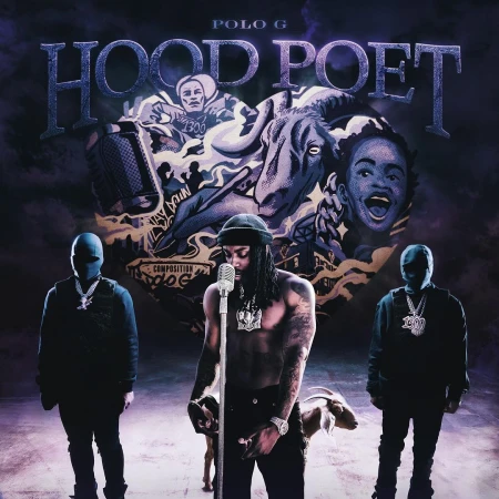 Album cover art for Polo G's "Hood Poet" featuring a man singing into a vintage microphone, backed by two masked figures and album art.