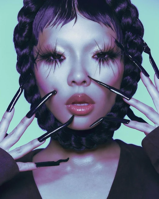 Close-up portrait of a woman with extravagant eyelashes and glossy lips, posing with black stiletto nails against a light-blue backdrop.