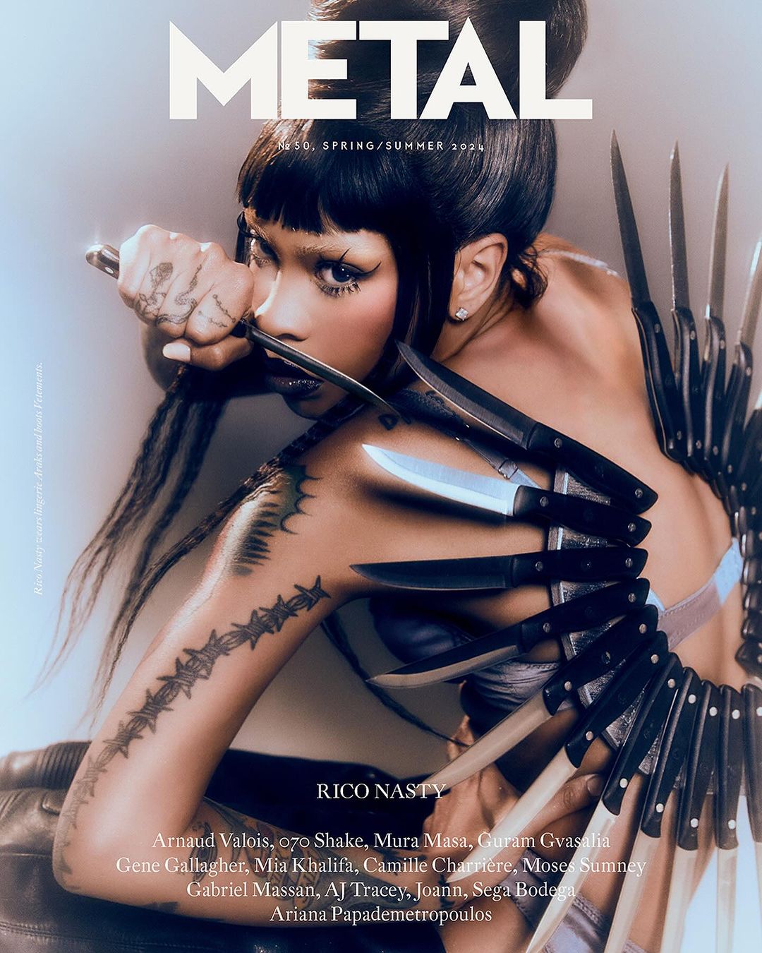 Magazine cover featuring Rico Nasty, styled with knives, set against a soft grey backdrop, for Metal Magazine Spring/Summer 2024.