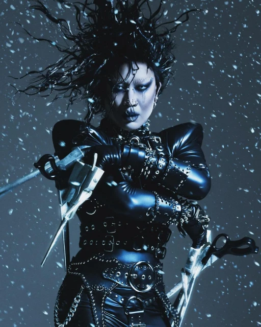 Person in elaborate black leather costume, scissors-hands, pale face, dark makeup, teased black hair, and silver studio-style lighting with falling snow.