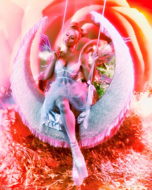 Fairytale image of a blonde adult female with wings sitting on a swing in a lush outdoor environment with a whimsical and dreamy aesthetic.