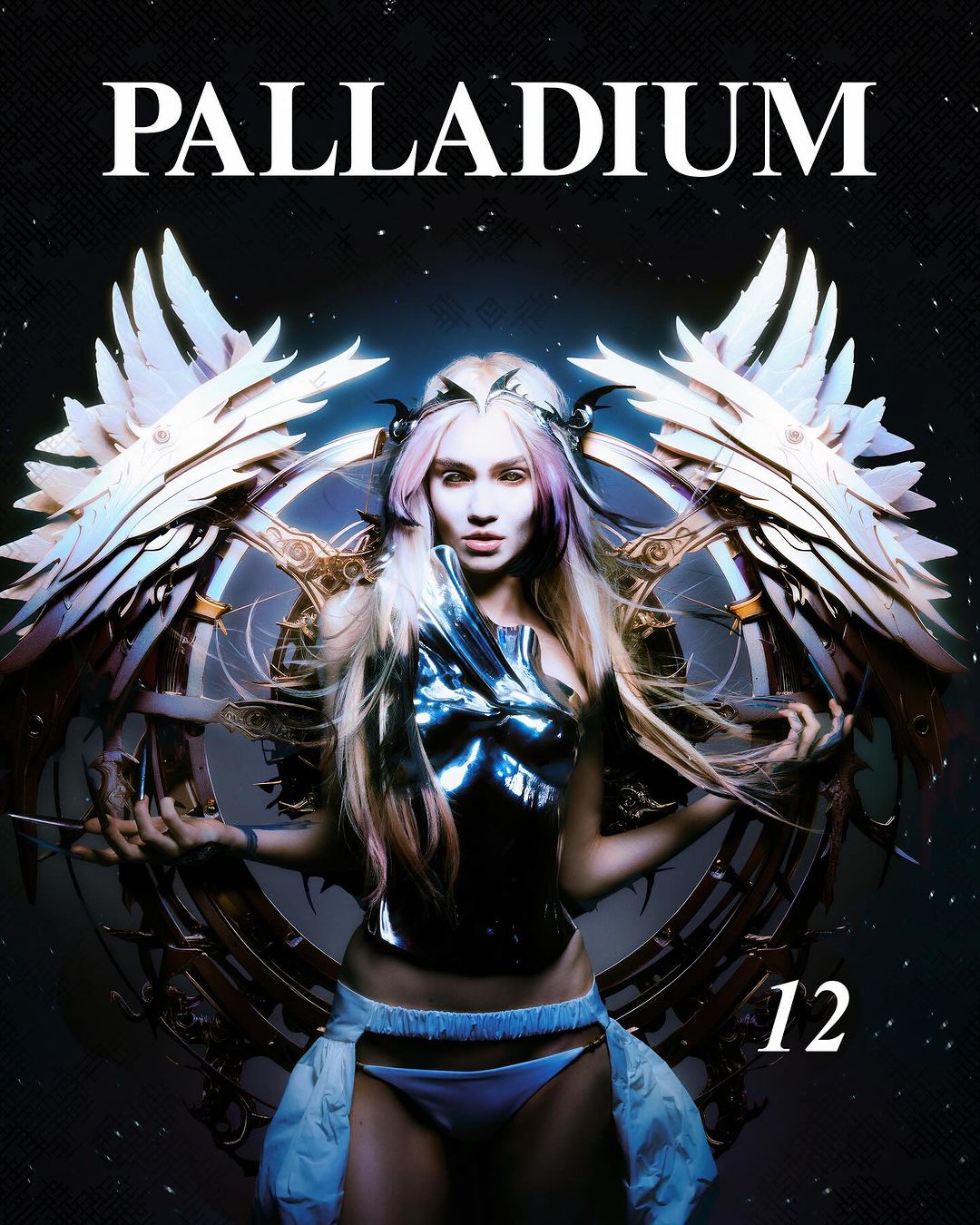 Artistic portrait of a woman in a futuristic, fantasy style with wings, armor, and a geometric halo against a dark background.