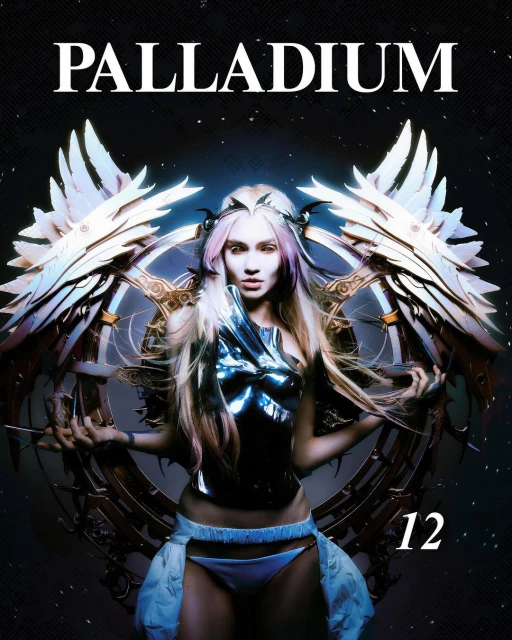 Artistic portrait of a woman in a futuristic, fantasy style with wings, armor, and a geometric halo against a dark background.
