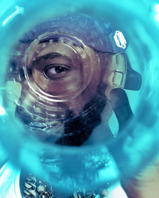 Close-up portrait of a person looking through a transparent plastic water bottle, showcasing a creative perspective and blue tones.