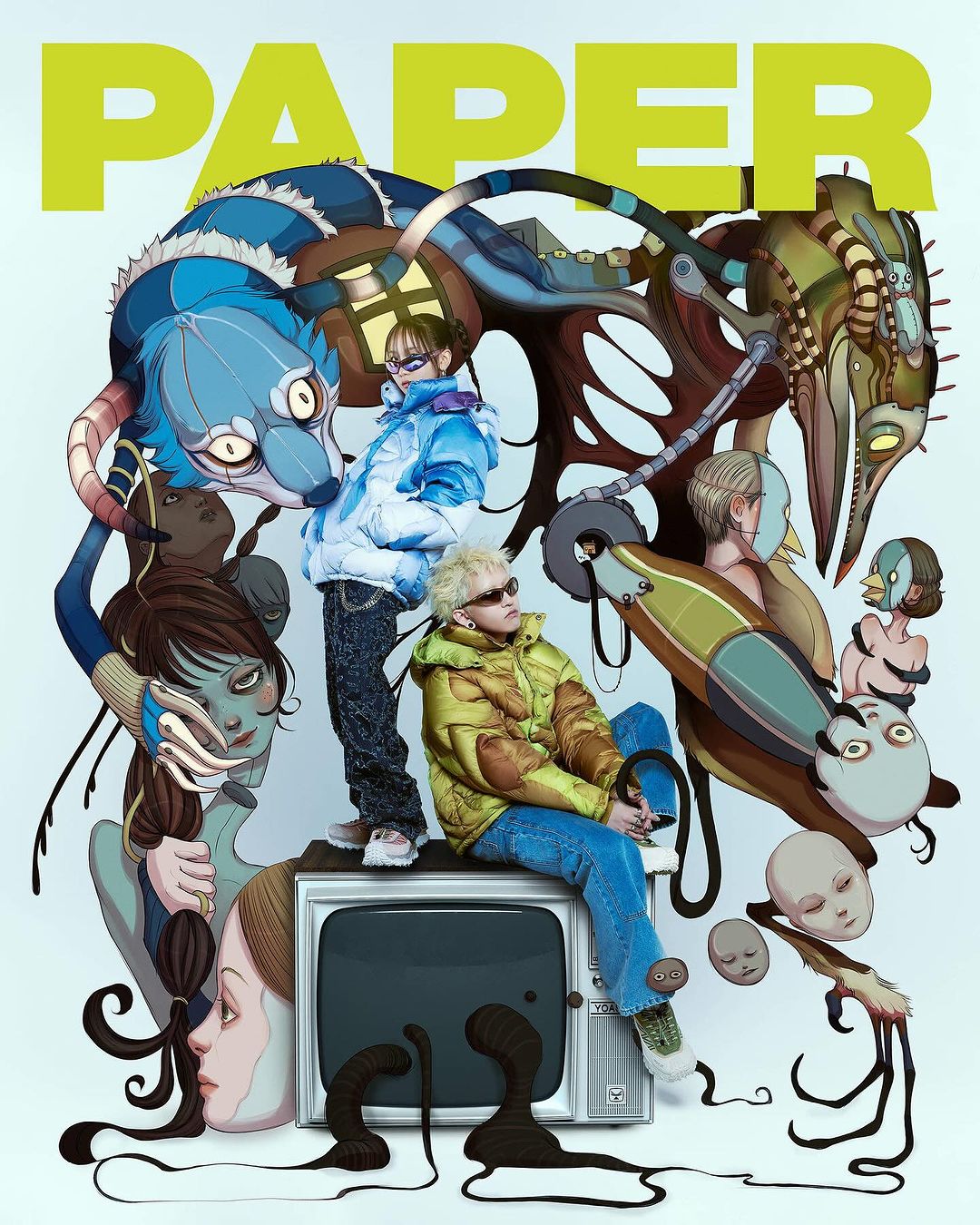 Illustration style image of two children standing on a vintage TV surrounded by fantastical creatures on a light blue backdrop.