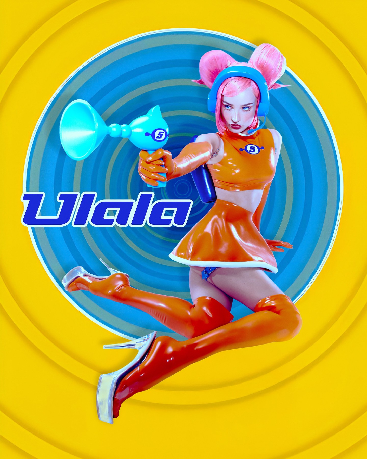 Stylized image featuring a young woman in orange and pink latex clothing, holding a blue toy gun against a yellow and blue background.