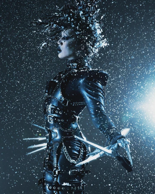 Side profile of a person in a stylized costume with silver scissor hands, hair, and studded black clothing, with snow falling around them.