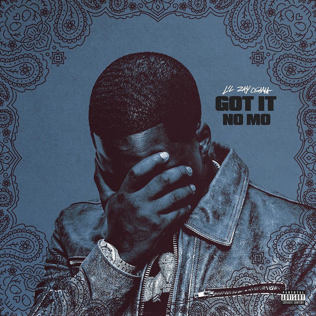 Album cover art of Lil Zay Osama's 'Got It No Mo' featuring a man covering half his face, against a patterned blue background.