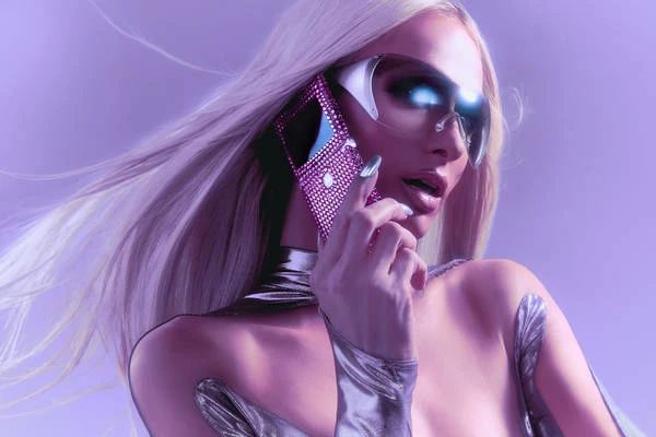 Glamorous woman with long platinum hair, futuristic sunglasses, and sparkling pink cell phone in a vibrant, otherworldly portrait.