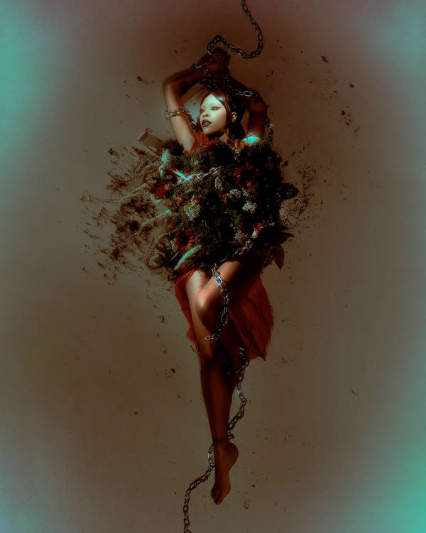 Artistic image of a dark-haired woman in a red dress, partially obscured by dark floral elements and wrapped in silver chains.