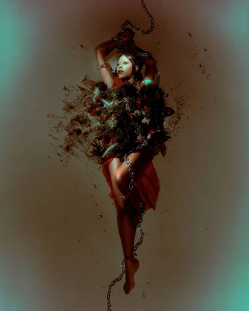 Artistic image of a dark-haired woman in a red dress, partially obscured by dark floral elements and wrapped in silver chains.