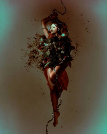 Artistic image of a dark-haired woman in a red dress, partially obscured by dark floral elements and wrapped in silver chains.