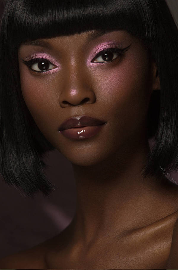 Close-up portrait of a dark-skinned woman with glossy lips and pink eyeshadow, styled with a short, black bob hairstyle and dark eyeliner.