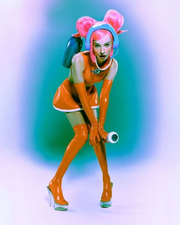Young woman in orange latex outfit with futuristic accessories poses in a studio with a blue-to-white gradient background.