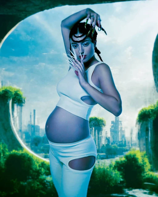 A pregnant woman with long nails poses in front of a futuristic landscape in a fashion editorial photograph with a science-fiction aesthetic.