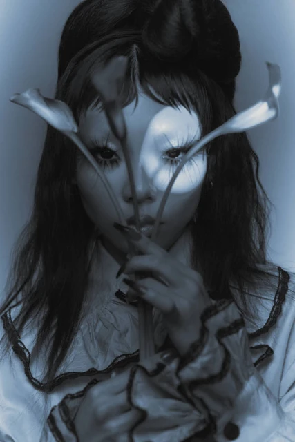 Monochromatic portrait of an Asian woman with white face paint, long black hair and holding white calla lilies up to her face.