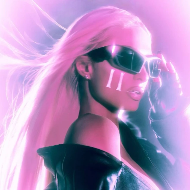 Stylish woman in sunglasses and leather jacket with platinum blonde hair poses against pink and purple studio lighting.