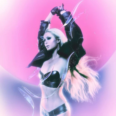 Portrait of Paris Hilton in black leather jacket and lingerie against pink backdrop with glowing light effects by Brian Ziff