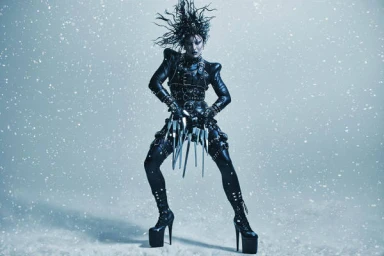 Model in black leather outfit with scissor hands and platform boots posing amidst falling snow in Los Angeles by Brian Ziff.