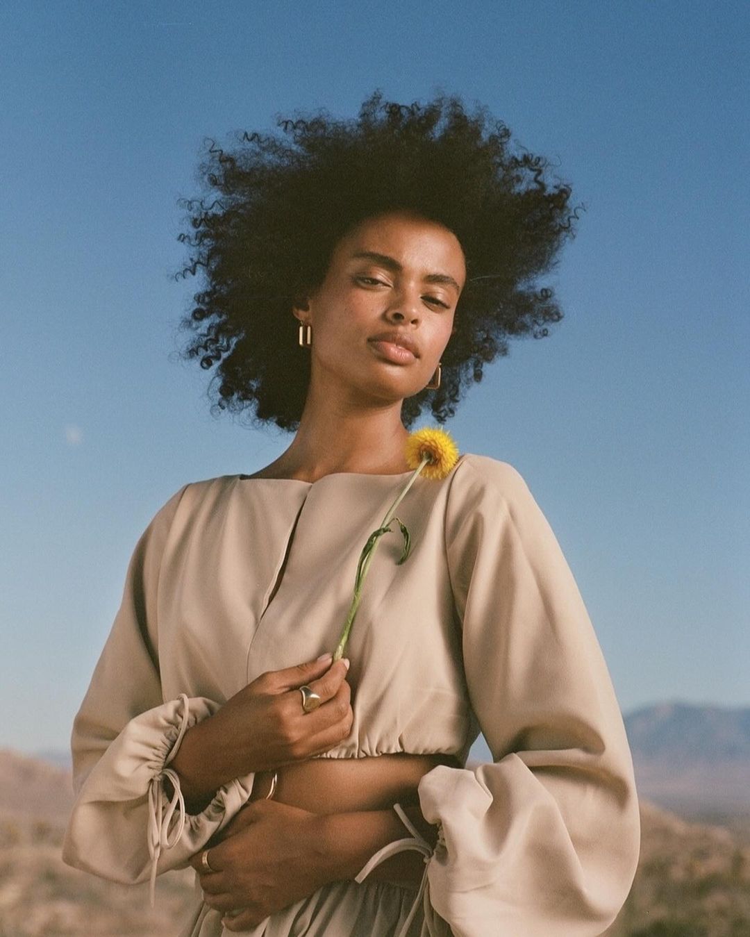 A young woman with curly hair holds a dandelion in a sunlit, outdoor portrait against a blue sky and a muted background.
