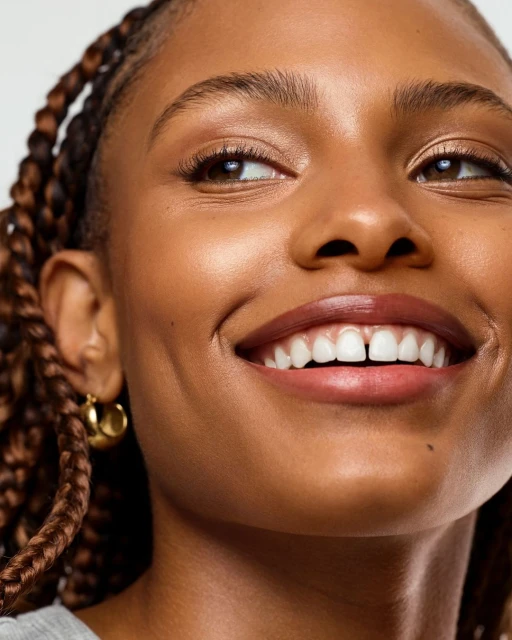 Close-up of a smiling African-American woman with brown skin and braided hair, accessorized with gold hoop earrings, set against a neutral backdrop.