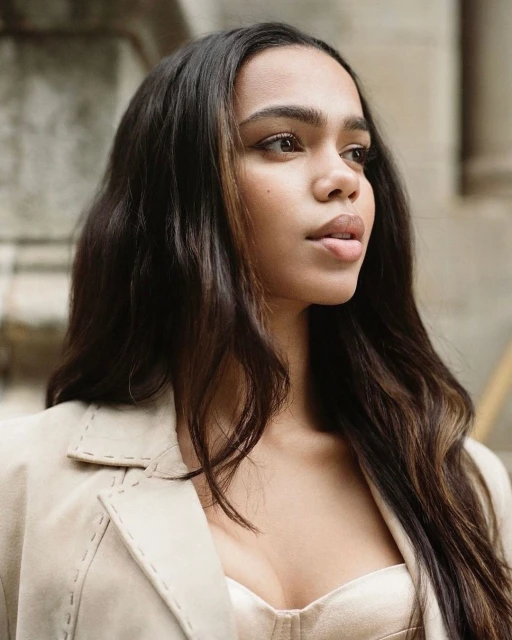 Portrait of an adult woman with long brown hair, wearing a beige jacket, against a neutral concrete background in natural light.