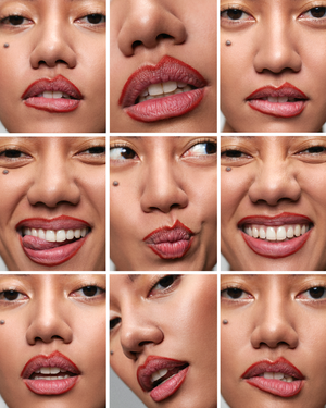 A grid of nine close-up facial portraits of a woman with dark hair and light skin wearing red lip liner, set against a neutral gray background.