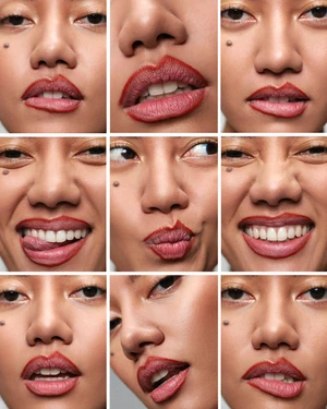 A grid of nine close-up facial portraits of a woman with dark hair and light skin wearing red lip liner, set against a neutral gray background.