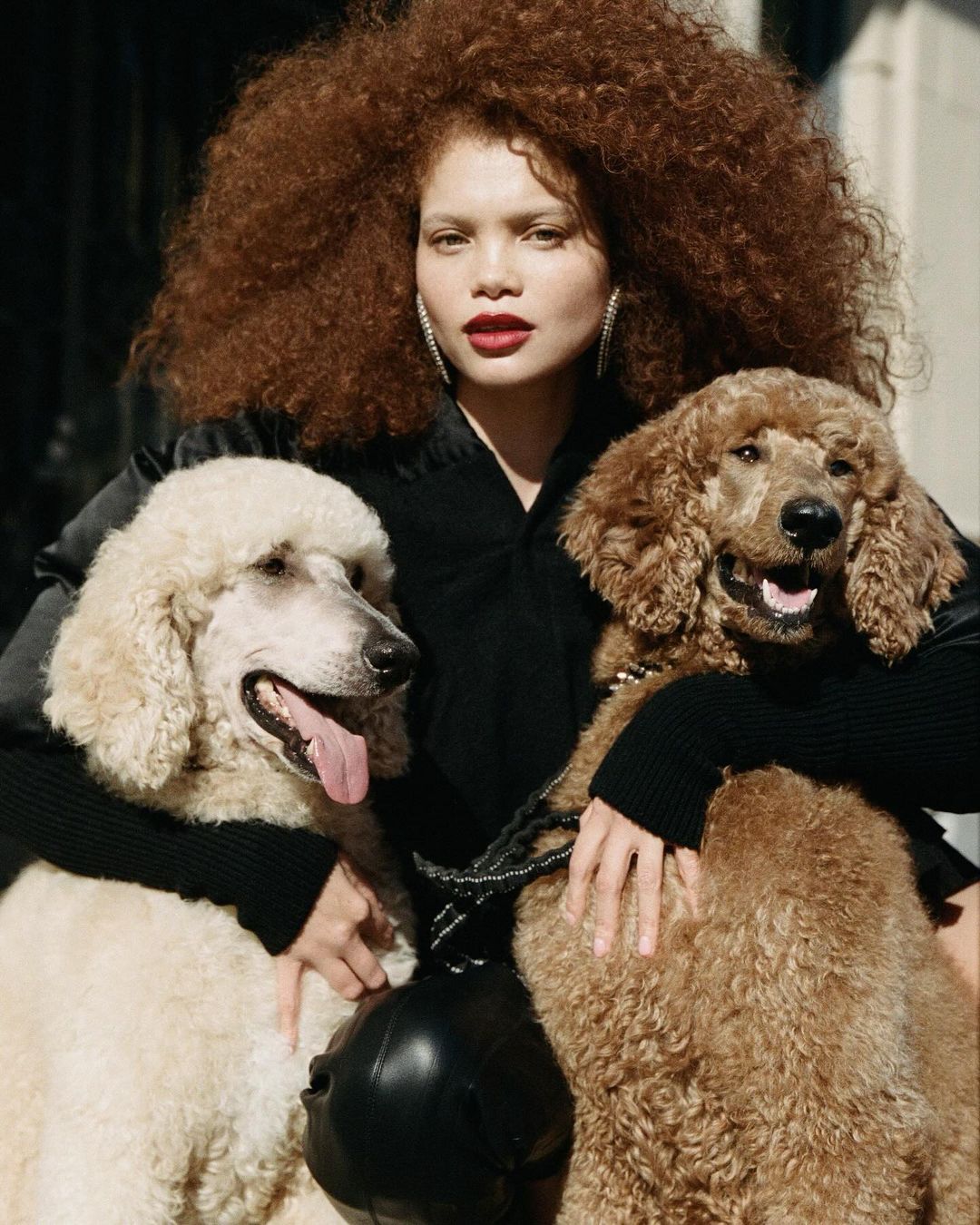 Portrait of a woman with curly red hair posing outdoors with two poodles, one tan and one cream, wearing a black jacket.
