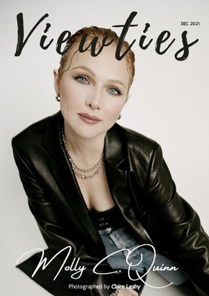 Magazine cover featuring Molly Quinn in a black jacket and layered necklaces against a white background with 'Viewties' and 'Molly Quinn' text.