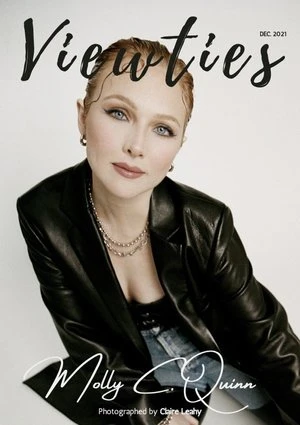 Magazine cover featuring Molly Quinn in a black jacket and layered necklaces against a white background with 'Viewties' and 'Molly Quinn' text.